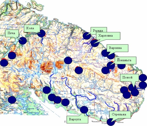 Схема расположения туристских рыболовных лагерей на территории Мурманской области